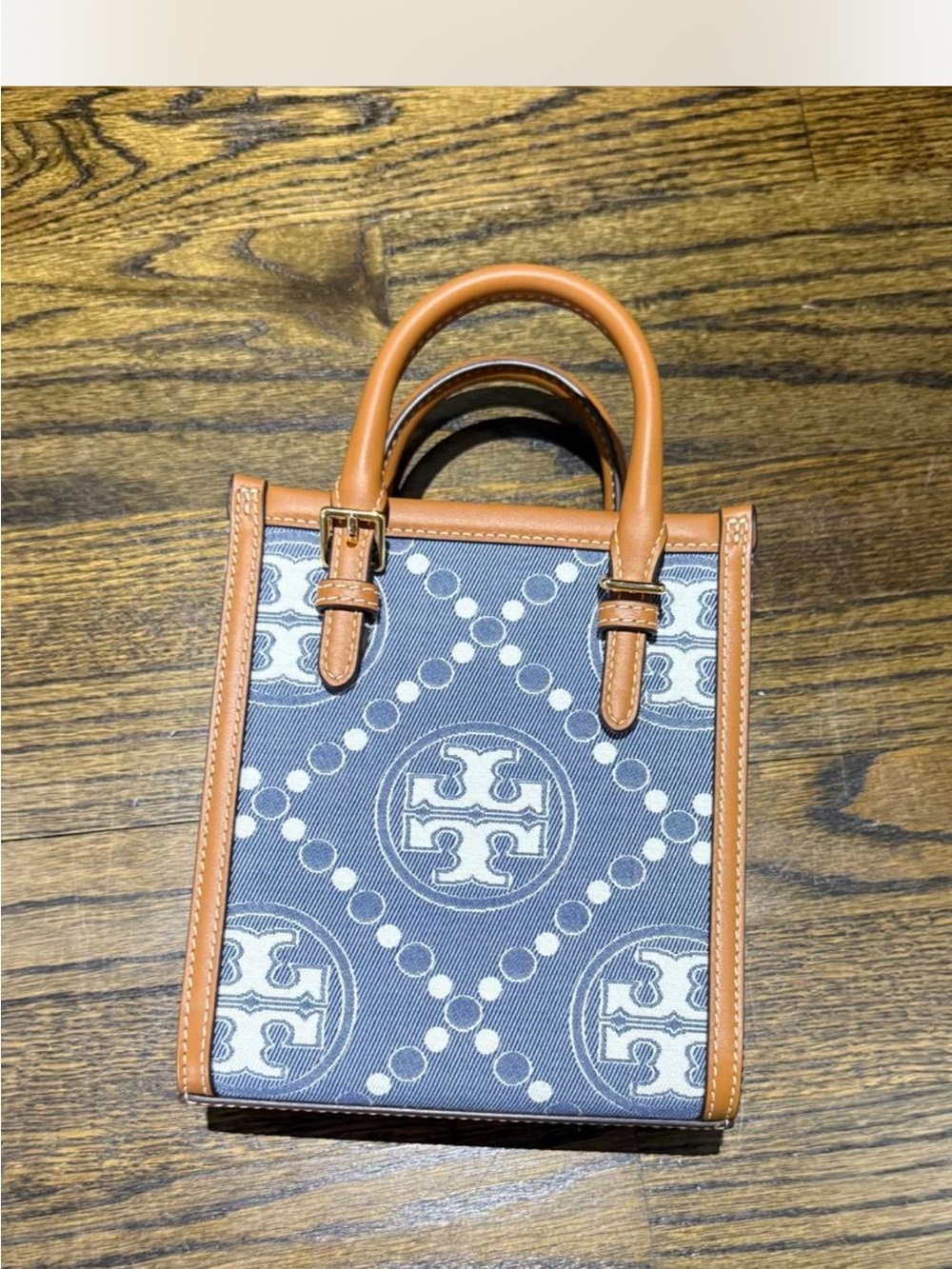 Tory Burch Navy Logo Jacquard Mini Tote with Tan Trim